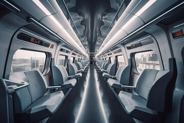 Fototapeta premium Interior of the salon of futuristic train, metro, subway - the vehicle of the future concept. Generative AI