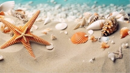 Fototapeta na wymiar AI generated illustration of starfish and seashells on a sandy beach overlooking the ocean