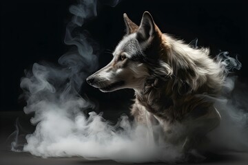 AI generated illustration of An intimidating grey wolf standing in the midst of a foggy mist