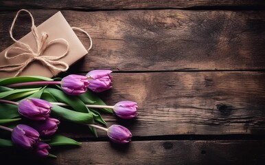 AI generated illustration of A beautiful vibrant purple tulips and a gift on a wooden table