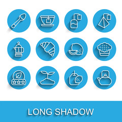 Set line Tea leaf, Teaspoon, bag with lemon, Kettle handle, Croissant, Muffin and Lemon icon. Vector