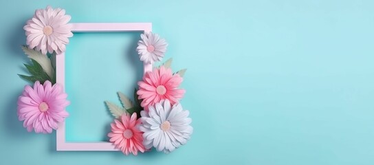 AI generated illustration of colorful assorted flowers on a wooden frame on a blue surface