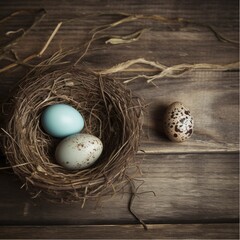 Naklejka na ściany i meble AI generated illustration of a bird's nest that contains two eggs and an egg on a wooden table