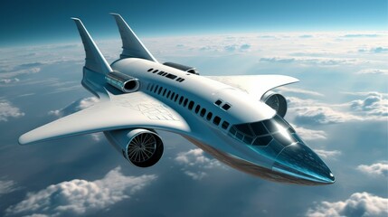 AI generated illustration of a futuristic plane soaring through the sky