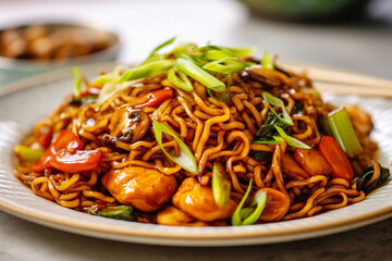 Chow mein noodles in soy sauce with mushrooms and scallions on a plate. Delicious vegan dish. Healthy plant based diet concept