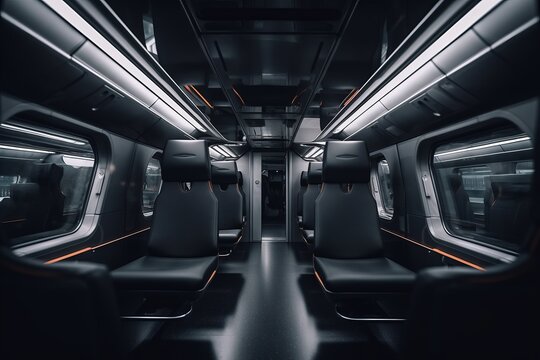 Interior of the salon of futuristic sci-fi train, transport of the future in modern style. Generative AI