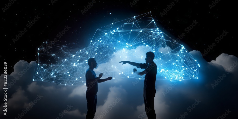 Aufkleber people connected via cloud, cyberspace, CGI Image of Two Smartphones Networking with the Cloud, Creating Links in a Space of Light Blue
