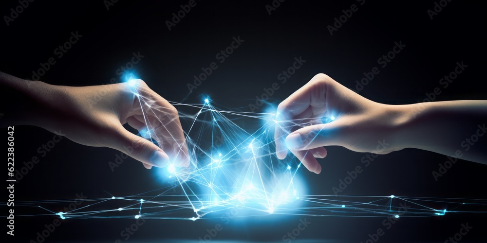 Aufkleber people connected via cloud, cyberspace, CGI Image of Two Smartphones Networking with the Cloud, Creating Links in a Space of Light Blue