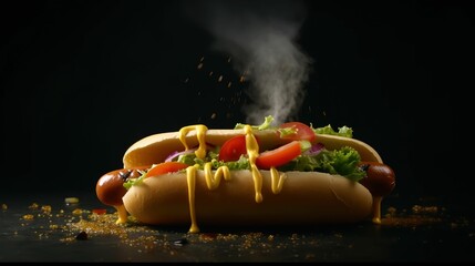 AI generated illustration of a juicy hotdog with yellow mustard and assorted toppings - obrazy, fototapety, plakaty
