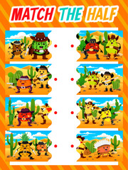 Match half of cartoon cowboy, sheriff and robber fruits characters, vector kids game worksheet. Find and match puzzle quiz with half pictures of wild west apple cowboy with western banana sheriff