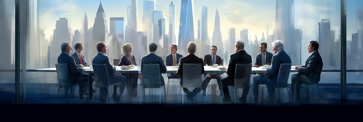 AI generated illustration of a group of corporate professionals in a productive business meeting