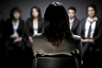 Obraz premium AI generated illustration of a female professional seated in a chair amidst a group of colleagues