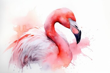 AI generated illustration of a flamingo on a white background created with watercolor paints