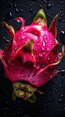 AI generated illustration of A large and vibrant purple dragon fruit with water droplets