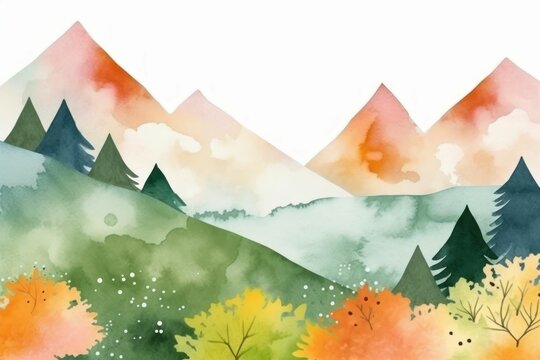 AI generated illustration of a vivid watercolor painting of a mountain landscape with foliage trees