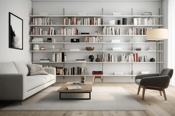 AI-generated illustration of a modern living room with bookcases, a sofa, a table, and an armchair.