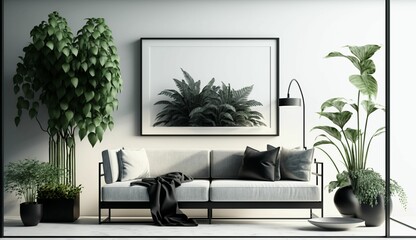 AI-generated illustration of a contemporary living room features a gray sofa surrounded by plants.