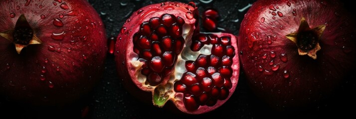 AI generated illustration of pomegranates with water droplets