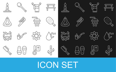 Set line Bamboo, Water temperature, Sauna brush, Towel on hanger, Hairbrush, hat, Burning candle and Shower icon. Vector