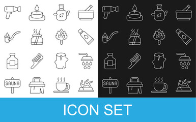 Set line Campfire, Shower, Cream or lotion cosmetic tube, Teapot with leaf, Aroma diffuser, Sauna ladle, Hair dryer and broom icon. Vector