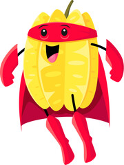 Cartoon carambola fruit superhero and defender character with superpowers, defends against villains and fights for justice. Vector funny unique star fruit super hero personage wear red mask and cape