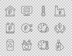 Set line Recycle bin, Tag with leaf, Thermometer, Eco friendly house, shop, Earth melting to global warming and Leaf hand icon. Vector