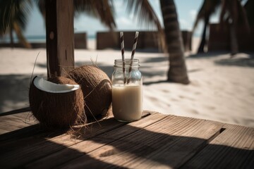 coconut drink at the beach, Photographic Capture of a Fresh Iced Coconut Cocktail, Coconut on a Wooden Table at the Beach, Surrounded by Palms and Bathed in Summer Sunshine