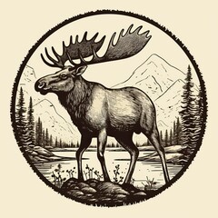 AI generated illustration of a wild elk standing in a natural setting in a round shape