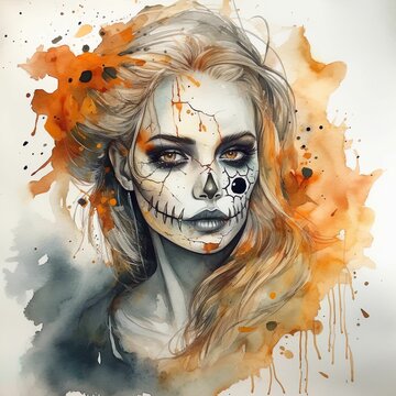AI generated illustration of a woman with face paint of skulls in watercolor - Day of Dead holiday