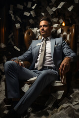 Fototapeta na wymiar Businessman sitting on an armchair. A lot of money around him. Generative AI