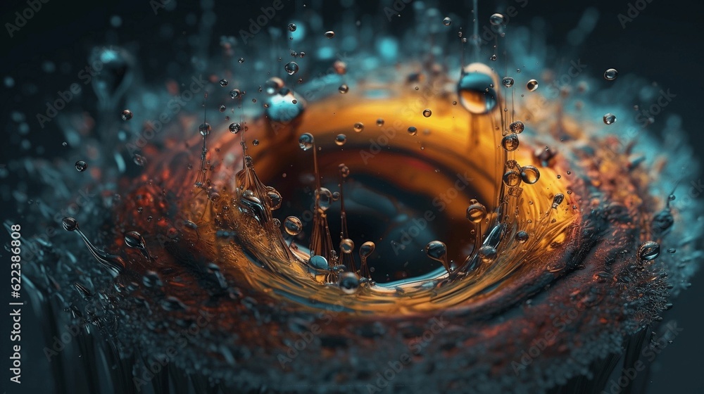Poster ai generated illustration of a water droplet illuminated by a ray of light, creating a reflection