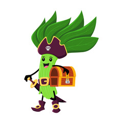Obraz premium Cartoon spinach vegetable pirate and corsair character with treasure chest. Vector captain personage with happy smiling face. Picaroon wear tricorn with loot and sword. Isolated funny buccaneer greens
