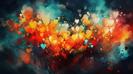 Naklejka na ściany i meble AI generated illustration of a vibrant array of hearts illuminated against a dark night sky