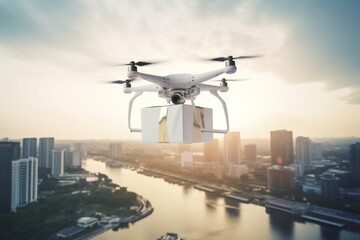 drone carry package, Photographic Capture of a White Drone Carrying a Package against the Cityscape Background, Embracing the Summer's Sunny Light and the Seamless Connection of Skyline and Technology