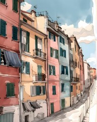 Fototapeta na wymiar AI-generated illustration of a watercolor painting of a picturesque street in an old town.
