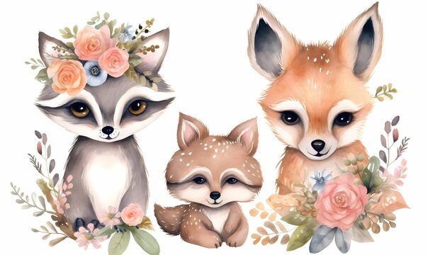 AI-generated illustration of a watercolor painting of cute foxes with vibrant flowers.