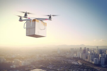 Fototapeta na wymiar drone carry package, Photographic Capture of a White Drone Carrying a Package against the Cityscape Background, Embracing the Summer's Sunny Light and the Seamless Connection of Skyline and Technology