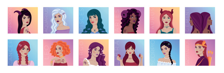 Set of Vector illustrations of the zodiac symbol. Illustrations of the astrological sign as beautiful girls.