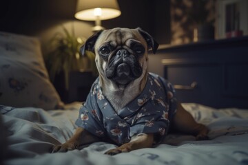 AI generated illustration of an adorable Pug in cozy pajamas snuggled up in bed in a dark room