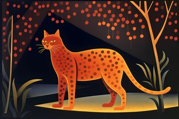 AI generated illustration of a majestic leopard in a forest at night, illuminated by the moon