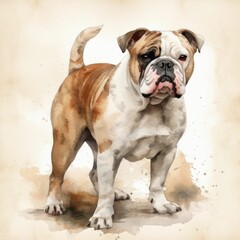 AI generated illustration of a painting of an English bulldog in watercolor on a beige background