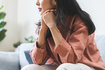 Sad, unhappy. Alone asian young woman, girl expression face thinking about problem, difficulty, feeling failure and exhausted, suffering from loneliness, grief sorrow and bad relationship or break up.