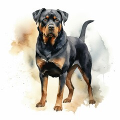 AI generated illustration of a painting of a black Rottweiler in watercolor on a white background