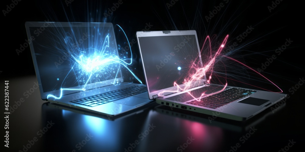 Poster two labtops connected with the cloud,  CGI Image of Two Laptops Networking with the Cloud, Creating Connections in a Space of Light Blue