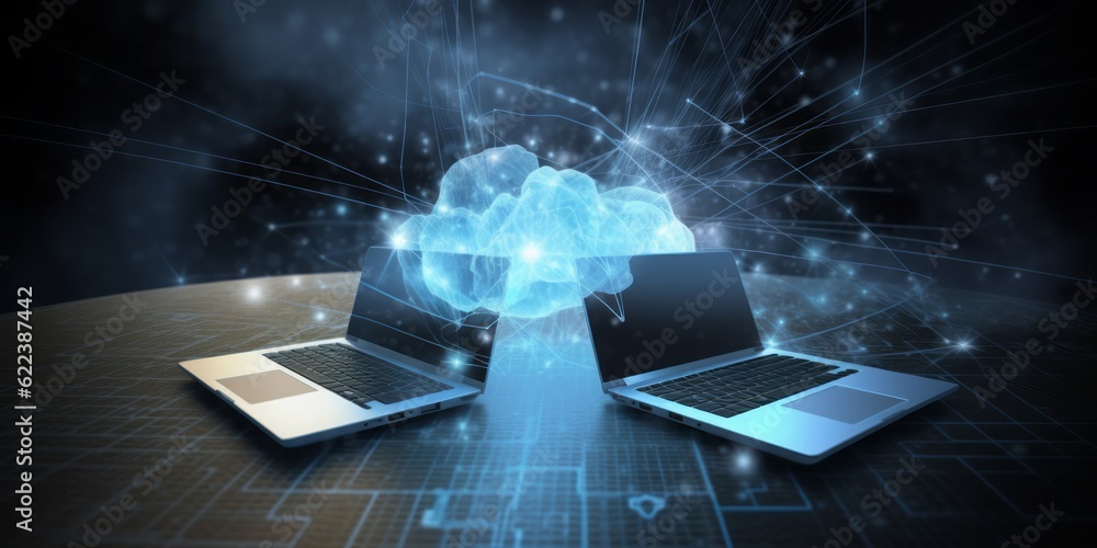 Poster two labtops connected with the cloud,  CGI Image of Two Laptops Networking with the Cloud, Creating Connections in a Space of Light Blue
