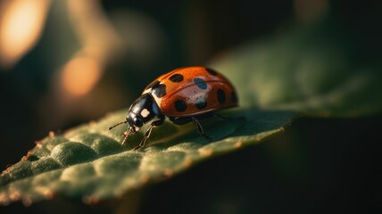 AI-generated illustration of a closeup of a ladybug perched on top of a green leaf.