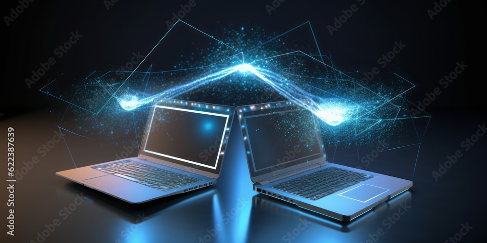 Poster two labtops connected with the cloud,  CGI Image of Two Laptops Networking with the Cloud, Creating Connections in a Space of Light Blue
