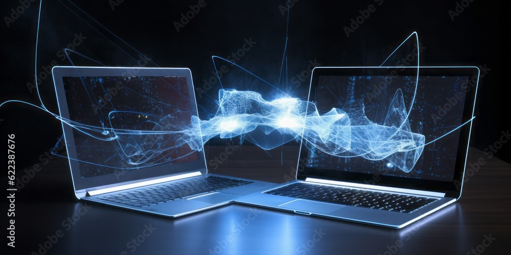 Poster two labtops connected with the cloud,  CGI Image of Two Laptops Networking with the Cloud, Creating Connections in a Space of Light Blue