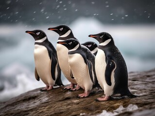Fototapeta premium AI generated illustration of a group of Adelie penguins standing on a rocky outcrop