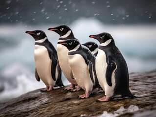 AI generated illustration of a group of Adelie penguins standing on a rocky outcrop
